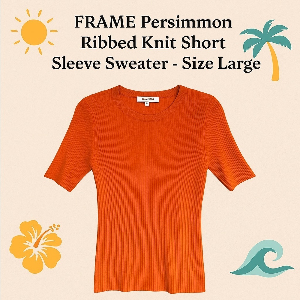 FRAME Persimmon Ribbed Knit Short Sleeve Sweater - Size Large